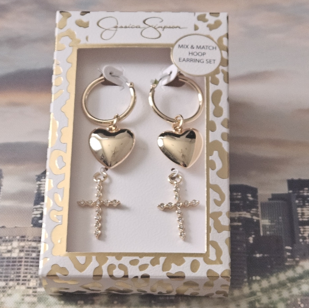 Jessica Simpson Gold Heart and Cross Hoop Earrings NIB